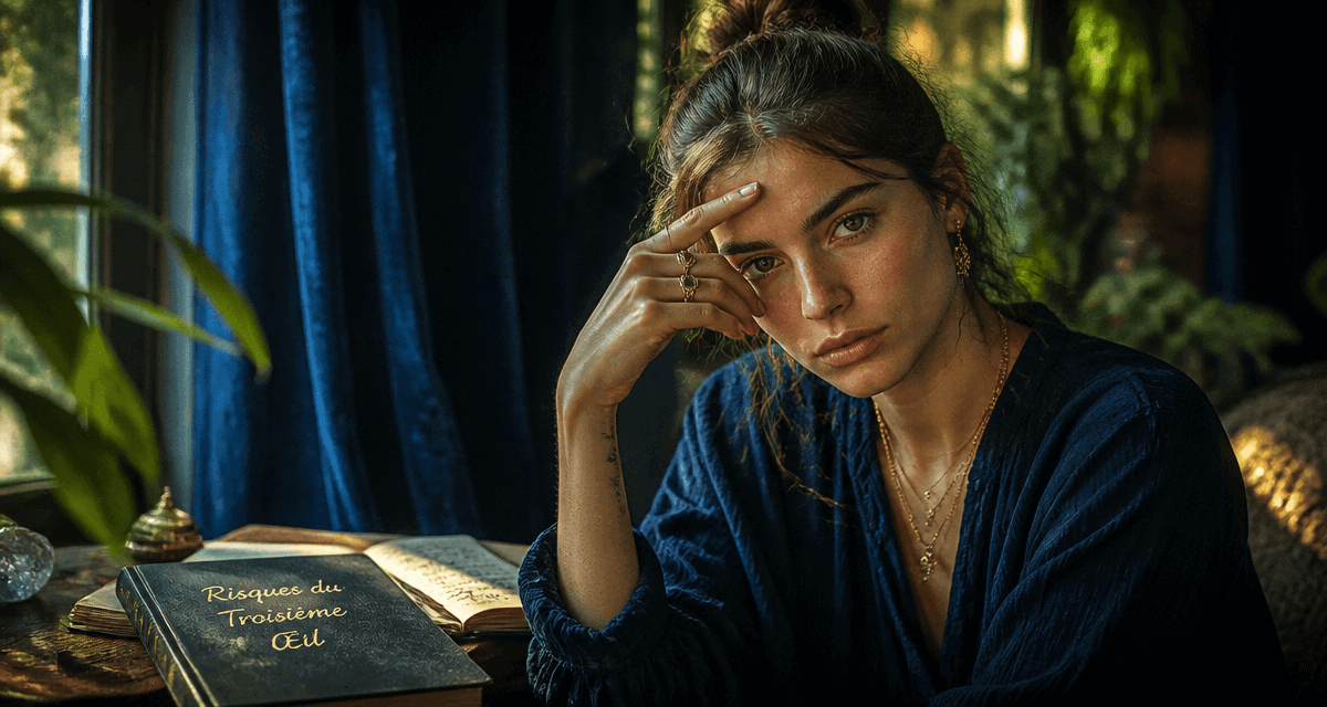 Ouverture du troisième œil danger femme méditant près fenêtre