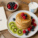 pancake peu calorique empilés avec fruits et yaourt