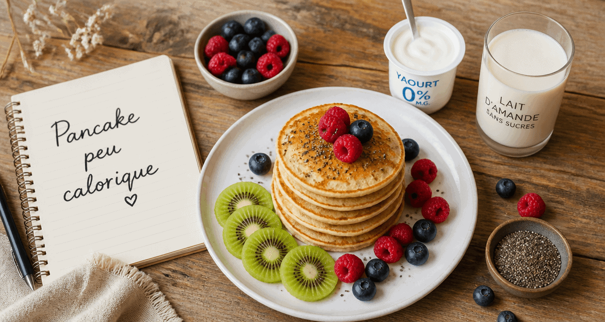 pancake peu calorique empilés avec fruits et yaourt