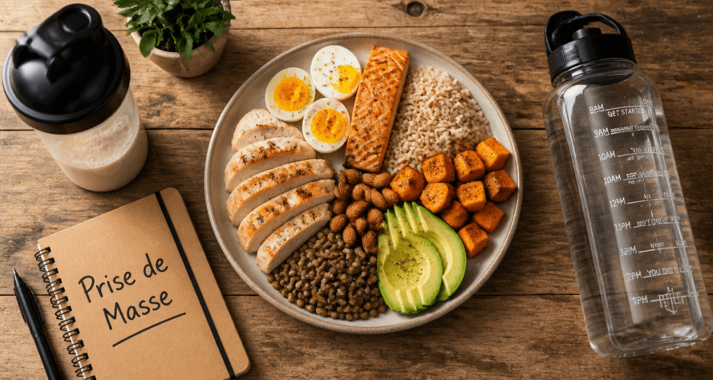 prise de masse musculaire aliments sur une assiette