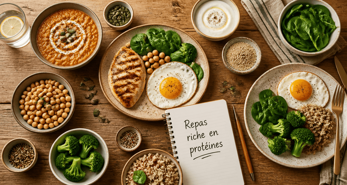 repas riche en proteine sur table