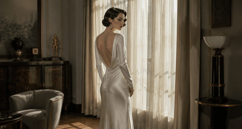 robe année 30 satin coupe biais près fenêtre