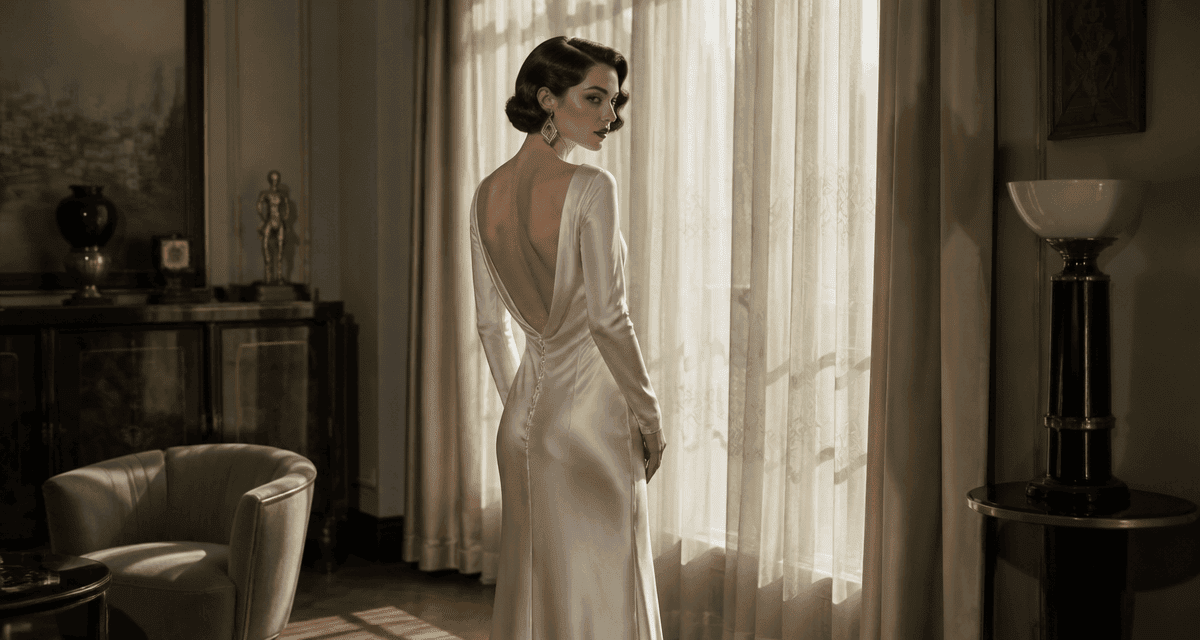 robe année 30 satin coupe biais près fenêtre