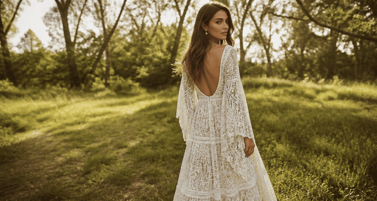 Femme en robe boheme dentelle blanche