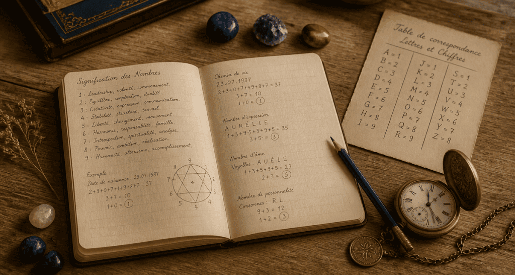 signification numérologie carnet manuscrit pierres