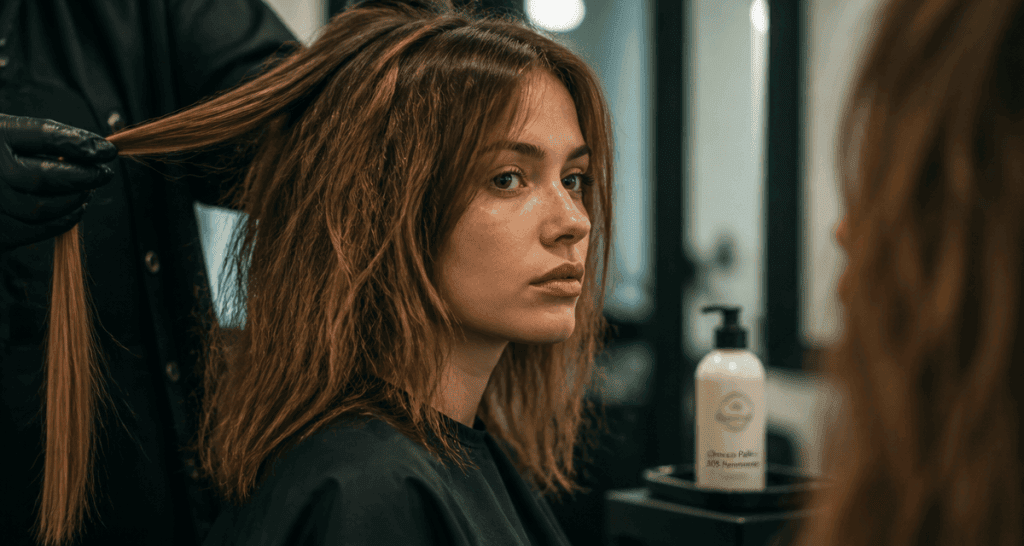 cheveux paille après permanente devant miroir salon