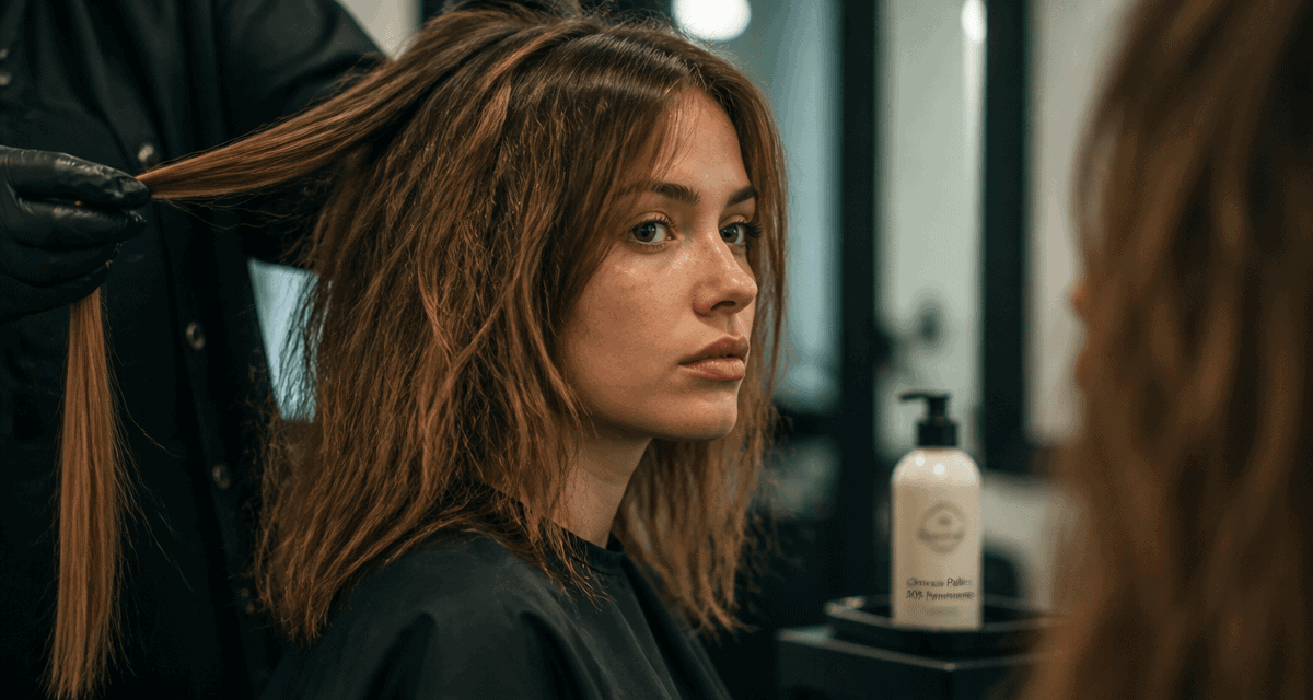 cheveux paille après permanente devant miroir salon