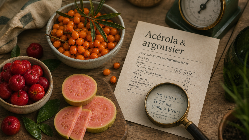 Classement fruit vitamine C : acérola et argousier (baies riches en vitamine C).
