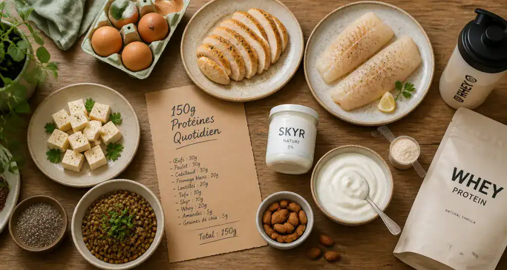 comment manger 150 g de protéine par jour aliments riches en protéines sur table