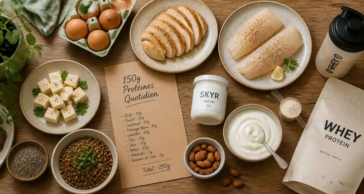 comment manger 150 g de protéine par jour aliments riches en protéines sur table