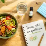 comment ne pas tomber malade, table avec aliments et accessoires immunité