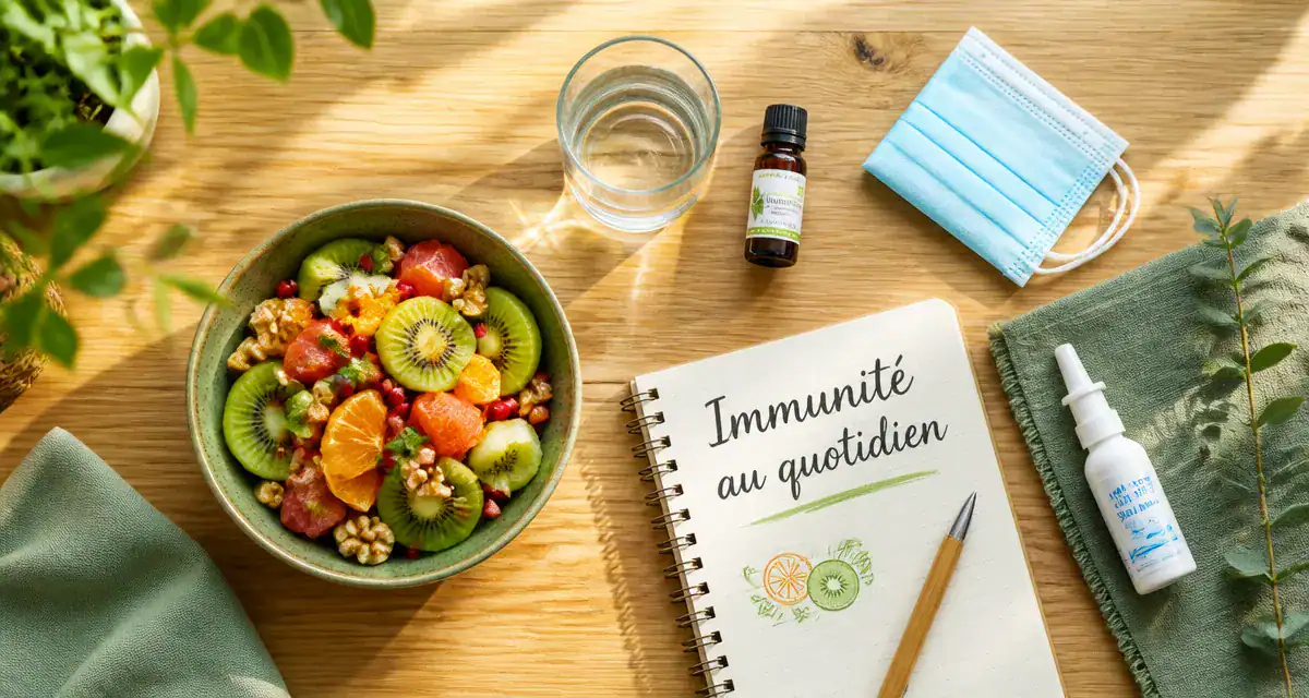 comment ne pas tomber malade, table avec aliments et accessoires immunité