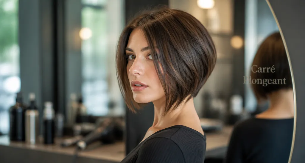 Coupe au carré court plongeant femme salon