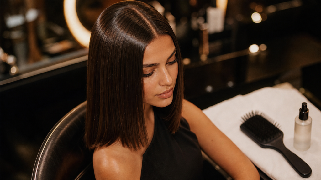 Coupe carré long lisse brillante effet miroir