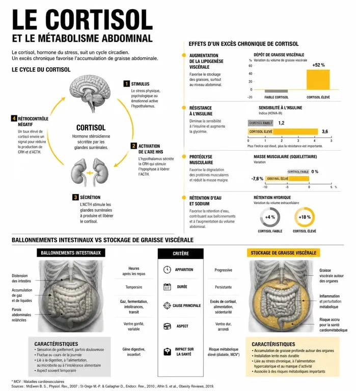Schéma explicatif du lien entre taux de cortisol élevé et ventre gonflé, comparant ballonnements et prise de poids abdominale.