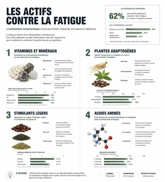 Infographie des actifs et médicaments contre la fatigue : vitamines, plantes adaptogènes et stimulants pour retrouver de l'énergie.