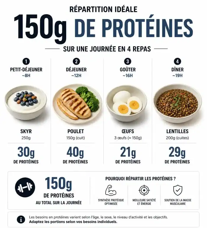 Infographie montrant comment répartir 150g de protéines par jour pour atteindre ses objectifs nutritionnels