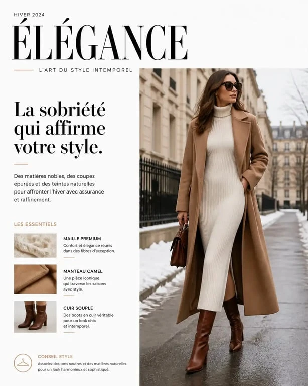 Femme portant une robe blanche en hiver avec un manteau camel et des bottes, exemple de look robe blanche hiver élégant.