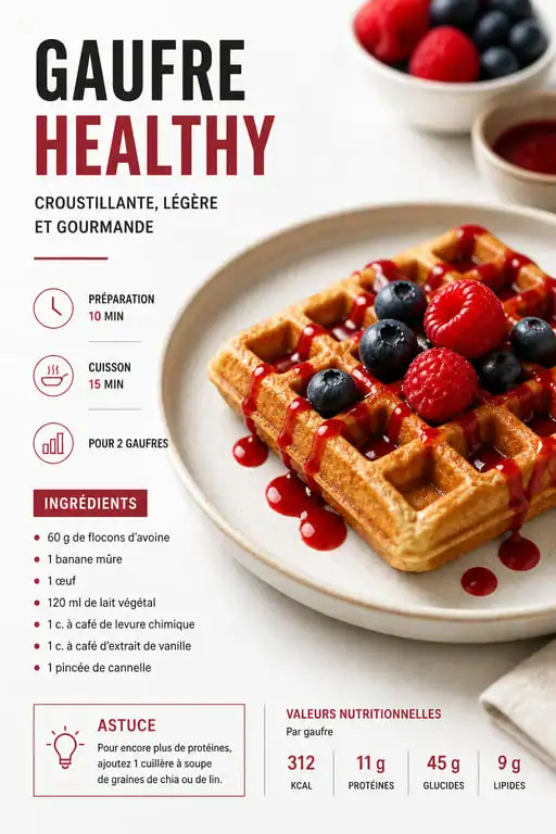 Gaufre healthy peu calorique garnie de fruits frais sur une assiette