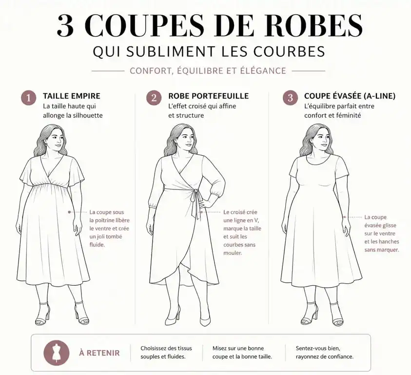 Schéma des coupes de robes idéales pour une femme ronde avec du ventre : robe empire, robe portefeuille et coupe trapèze.