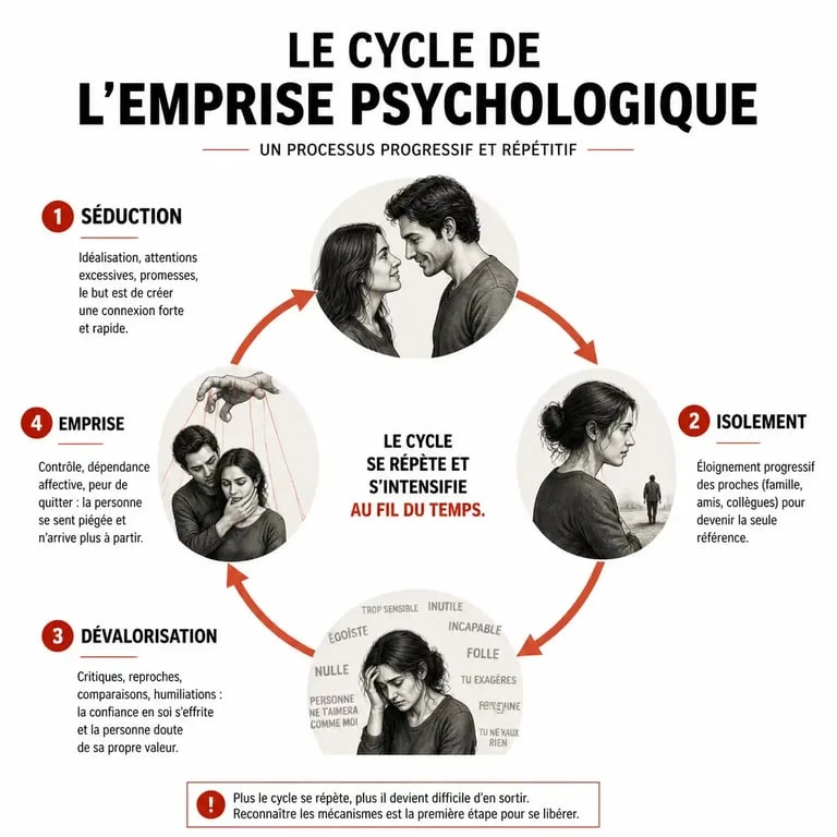 Schéma du cycle de l'emprise psychologique d'une femme perverse narcissique