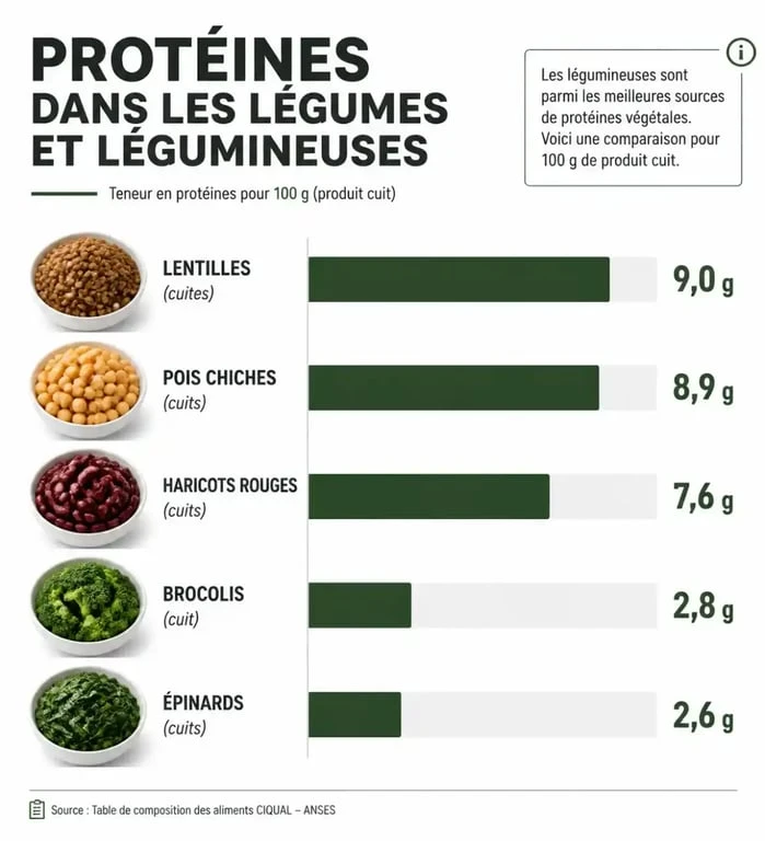 Infographie comparant la teneur en protéines des légumes riches en protéines
