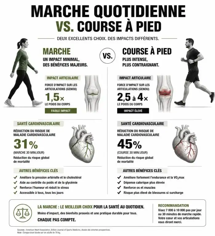 Infographie comparative : marche 30 minutes par jour vs course à pied pour la santé