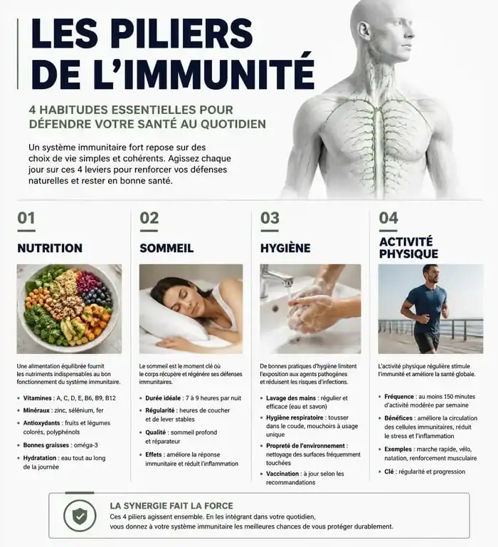 Infographie sur les conseils pour ne pas tomber malade et renforcer son système immunitaire