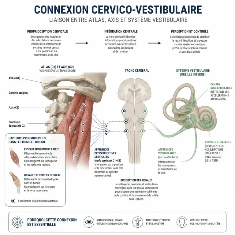 Schéma explicatif du lien entre les cervicales et les vertiges via la proprioception et le système vestibulaire.