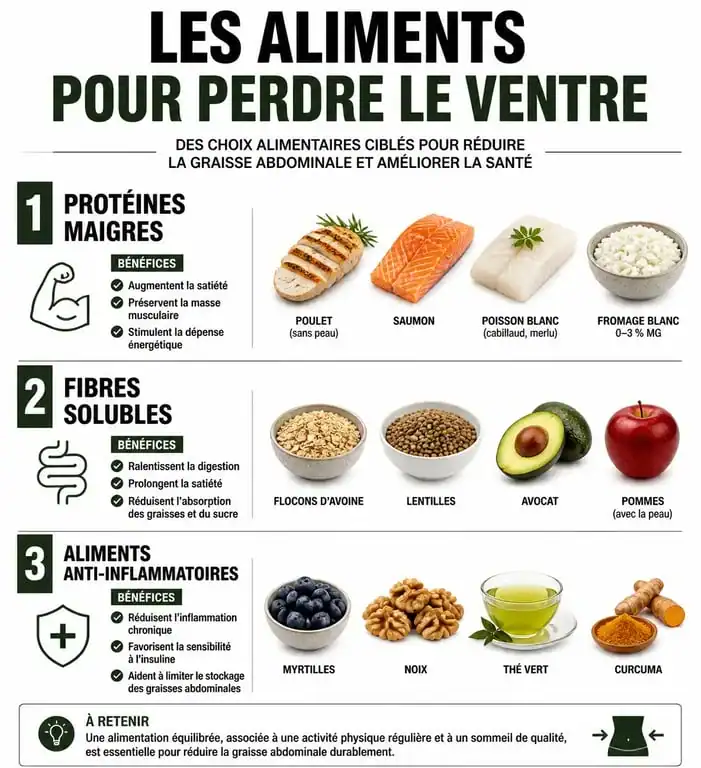 Infographie des meilleurs aliments pour perdre le ventre et réduire la graisse abdominale