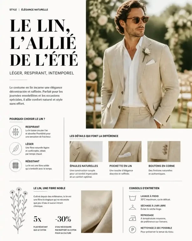 Homme portant un costume en lin beige pour un mariage en été