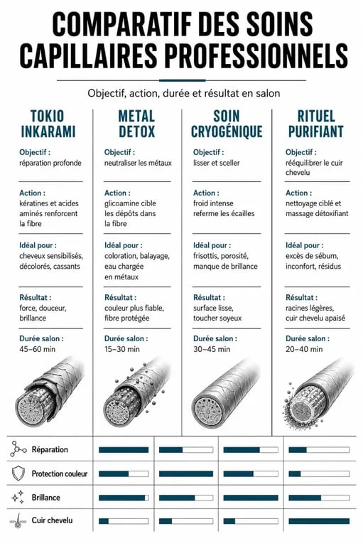 Infographie comparative des soins cheveux en salon pour choisir le traitement professionnel adapté à sa chevelure.