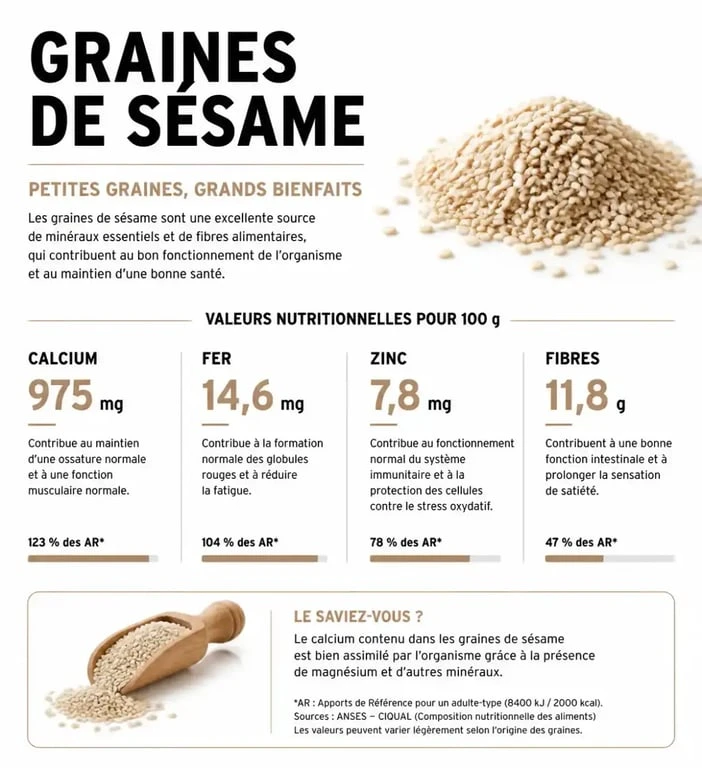Infographie des bienfaits nutritionnels et apports en minéraux des graines de sésame
