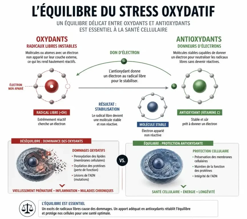 Schéma explicatif du stress oxydatif : équilibre entre radicaux libres et antioxydants