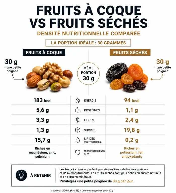 Infographie sur les bienfaits et les portions recommandées de fruits secs pour éviter la prise de poids.