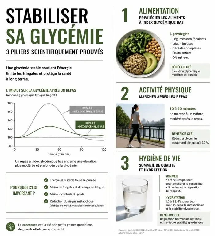 Infographie sur comment faire baisser la glycémie naturellement : alimentation, sport et hygiène de vie
