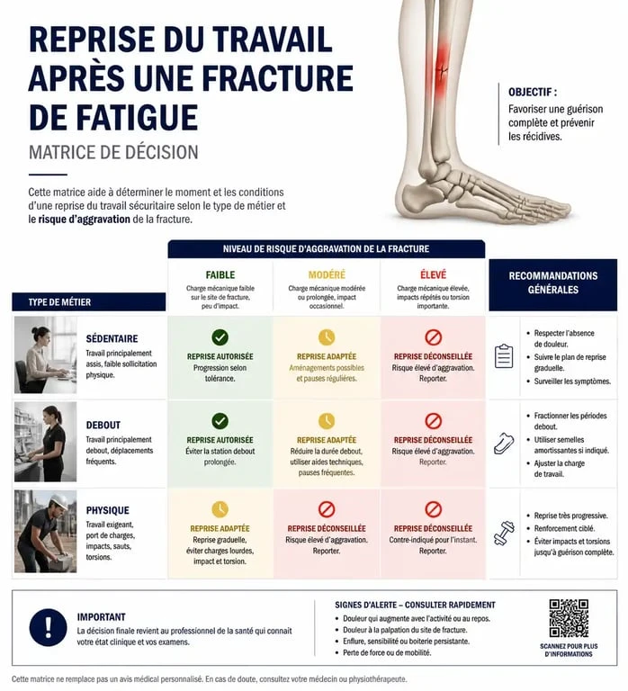 Infographie sur la reprise du travail avec une fracture de fatigue selon le type de poste