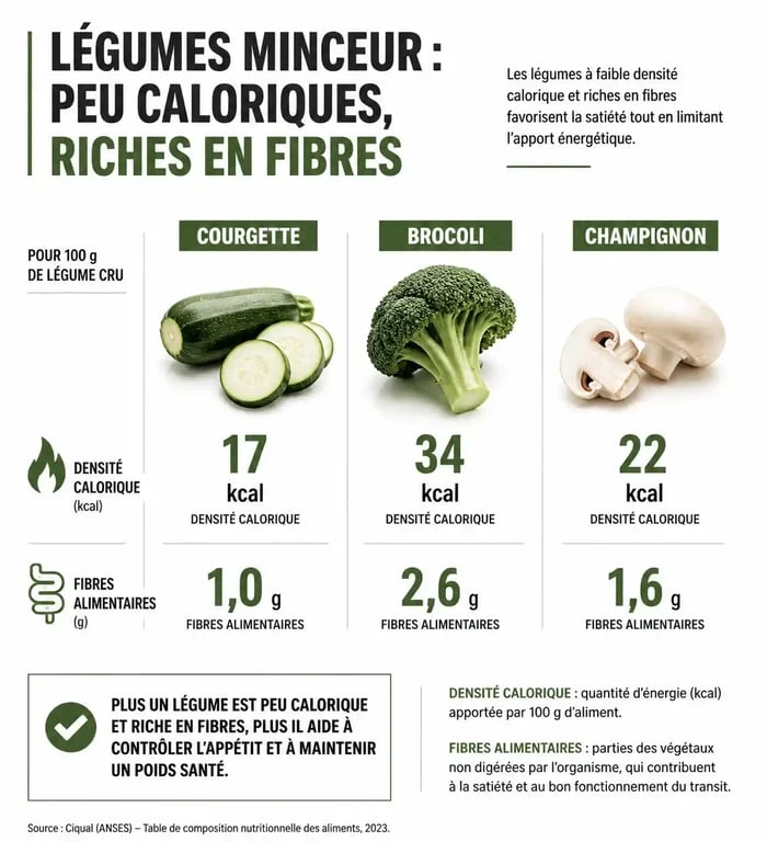 Infographie sur les meilleurs légumes pour maigrir : comparaison des calories et fibres pour la perte de poids