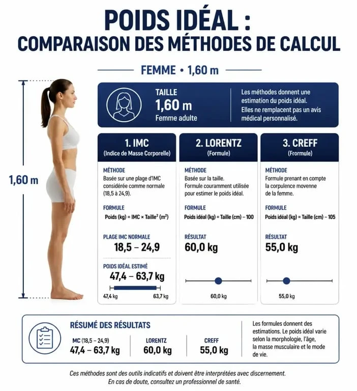Infographie comparant les méthodes de calcul du poids idéal pour une femme 1m60