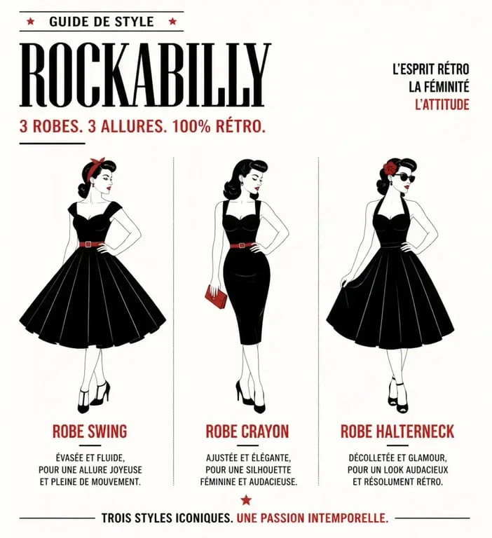 Trois silhouettes de robes rockabilly : swing, crayon et halterneck pour un look rétro années 50