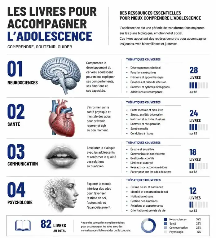 Infographie des meilleurs livres sur l'adolescence par thématique pour les parents