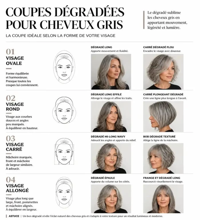 Exemples de coupes de cheveux gris dégradé selon la forme du visage