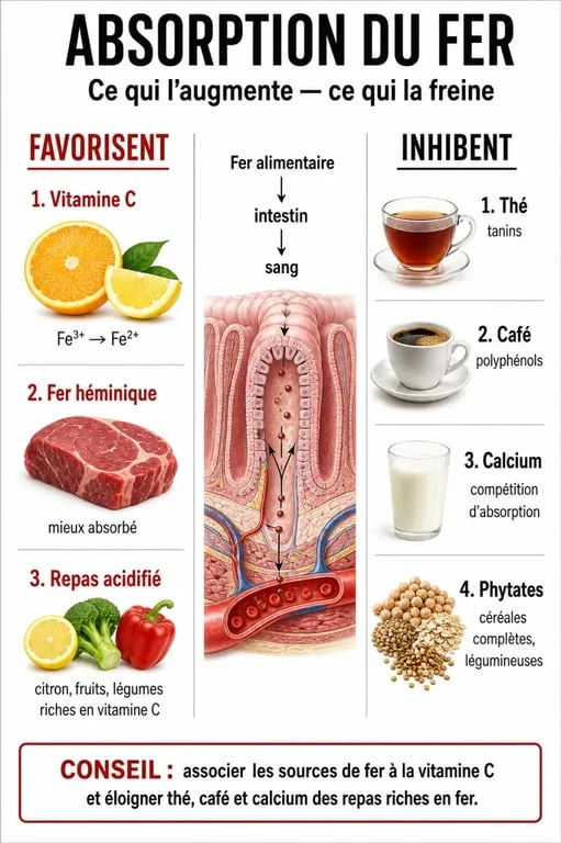 Infographie sur l'absorption du fer et les aliments pour manque de fer