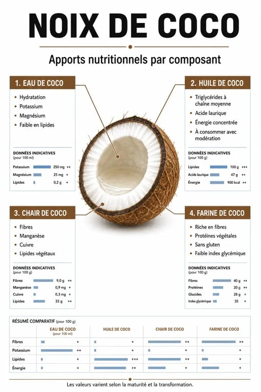 Infographie des bienfaits nutritionnels et propriétés santé de la noix de coco
