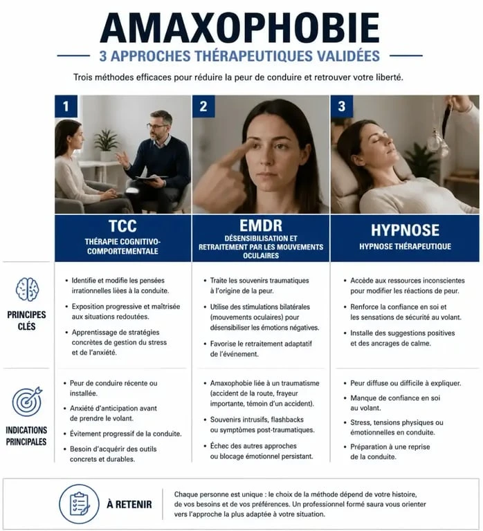 Comparatif des traitements de l'amaxophobie : TCC, EMDR et hypnose pour vaincre la peur de conduire