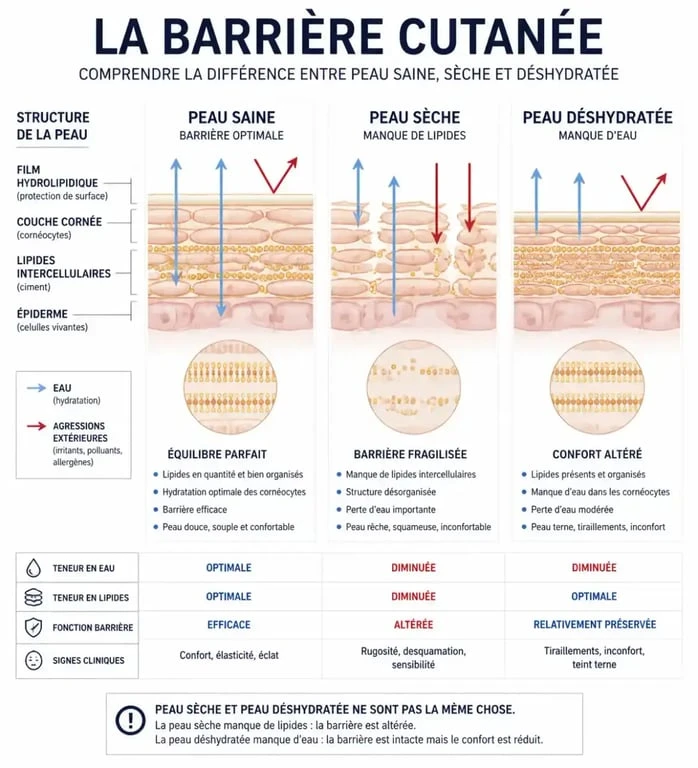 Schéma explicatif sur comment hydrater sa peau et différence entre peau sèche et déshydratée