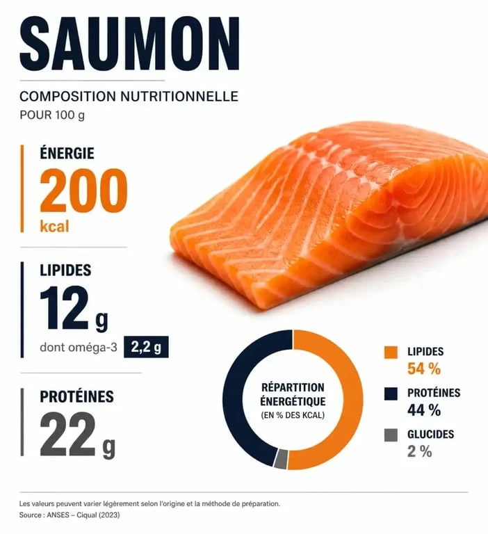 Infographie nutritionnelle du saumon : calories, protéines et lipides pour savoir si le saumon fait grossir