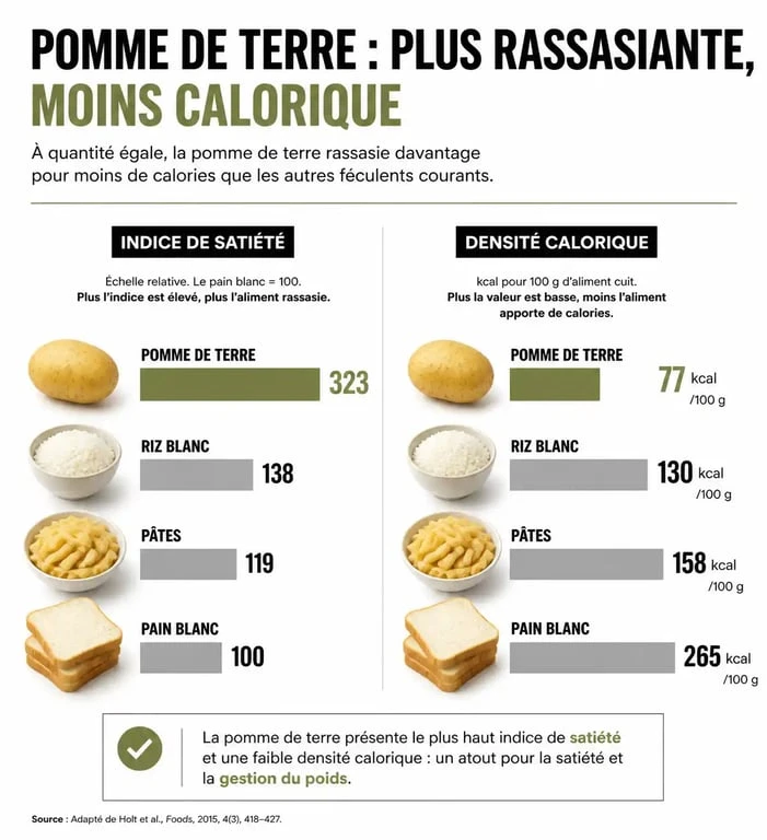 Infographie comparative des bienfaits de la pomme de terre dans un régime minceur : indice de satiété et calories.