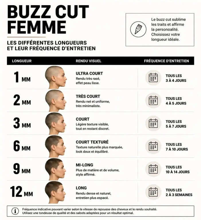 Infographie des différentes longueurs de buzz cut femme et conseils d'entretien