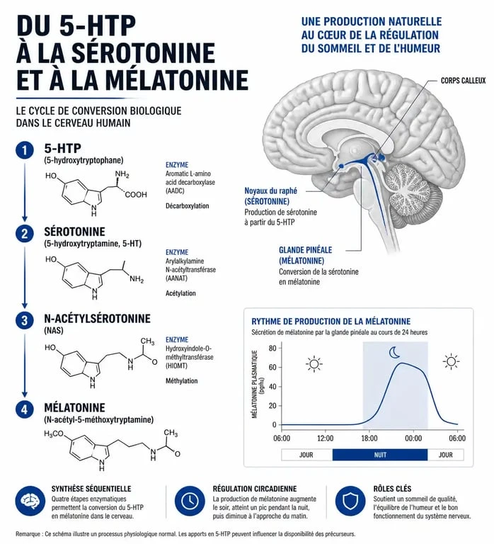 Schéma explicatif du mécanisme d'action du Griffonia et du 5-HTP sur la sérotonine et le sommeil